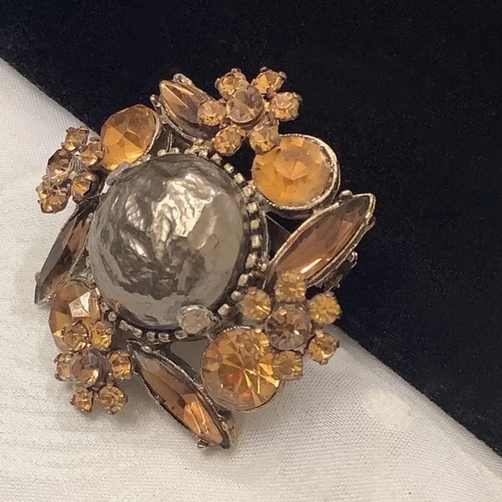Vintage Amber Rhinestones And Baroque Pearl Brooch